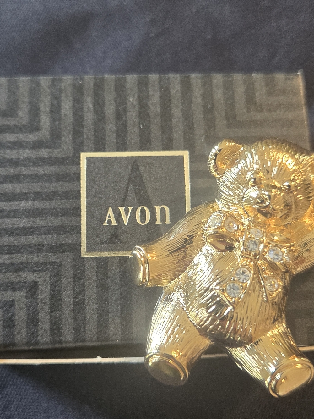 Avon Gold Teddy Bear Figurine with Rhinestone Bow